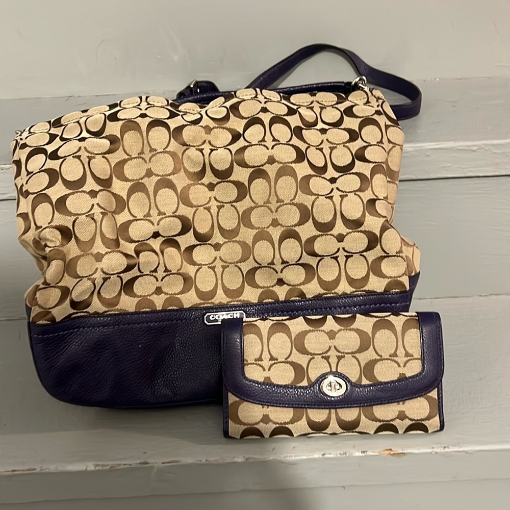 Coach purse ( tan/purple) and matching wallet- sold together